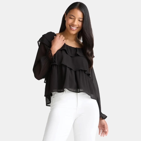 NEW! Time and Tru Black Long Sleeve off-the-shoulder Ruffle Blouse Top NWT - XL - Picture 14 of 16